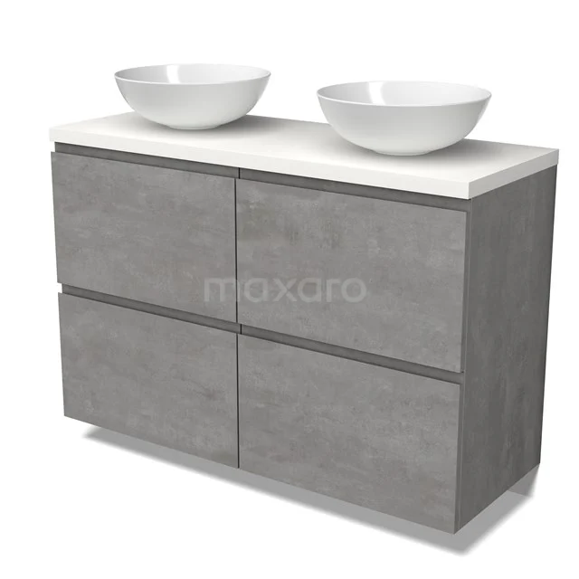 Modulo Plato Vanity units for countertop basin | 120 cm Light grey concrete Handle-less front Matte white worktop 4 high drawers BMK14-00774