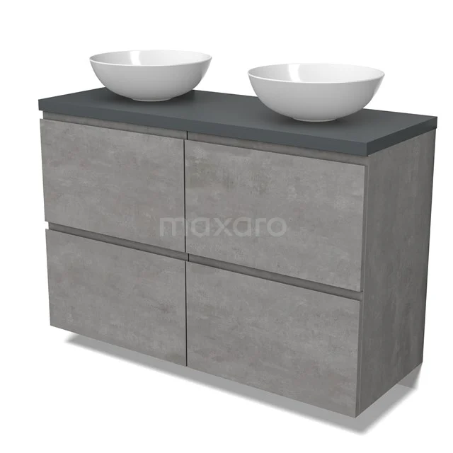 Modulo Plato Badmöbel mit Aufsatzwaschbecken | 120 cm Hellgrauer Beton Grifflos front Dunkelgrau blatt 4 hohe Schubladen BMK14-00775