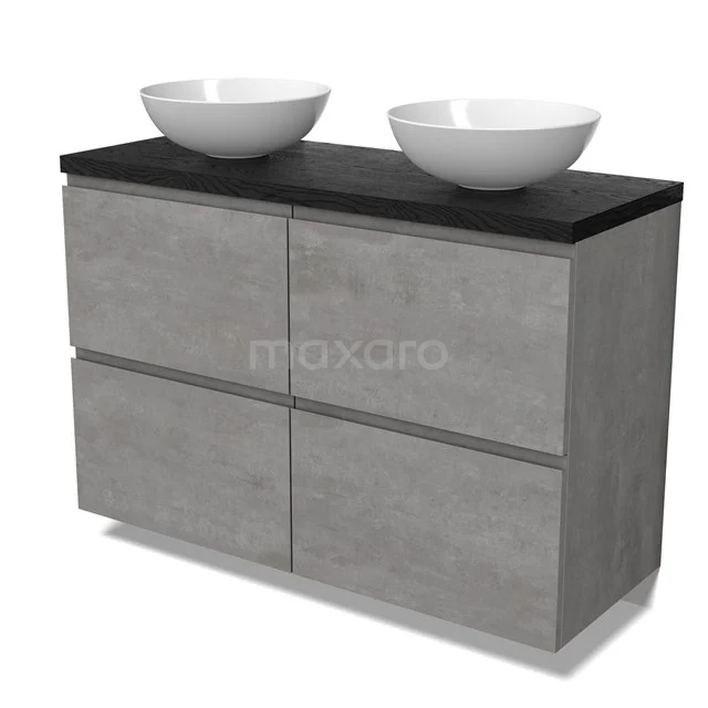 Modulo Plato Vanity units for countertop basin | 120 cm Light grey concrete Handle-less front Black oak worktop 4 high drawers BMK14-00778