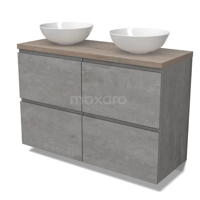 Modulo Plato Vanity units for countertop basin | 120 cm Light grey concrete Handle-less front Oak worktop 4 high drawers BMK14-00779