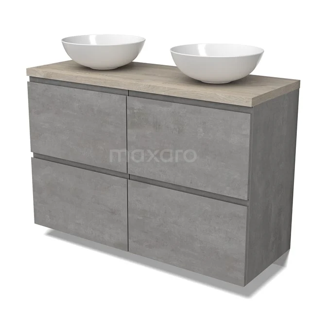 Modulo Plato Badmöbel mit Aufsatzwaschbecken | 120 cm Hellgrauer Beton Grifflos front Hellgraue Eiche blatt 4 hohe Schubladen BMK14-00780