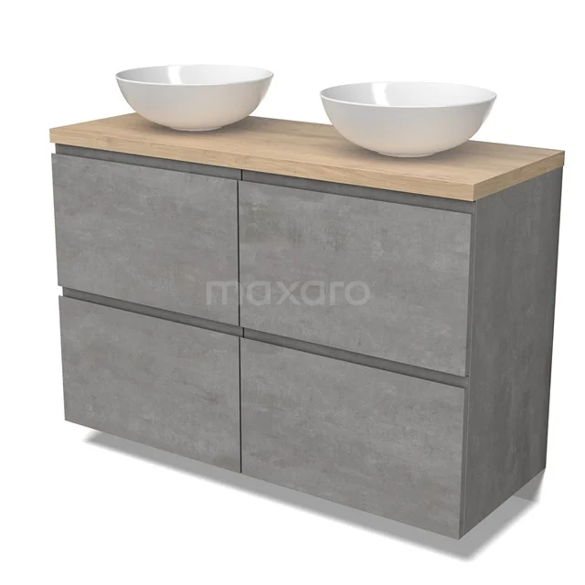 Modulo Plato Vanity units for countertop basin | 120 cm Light grey concrete Handle-less front Light brown oak worktop 4 high drawers BMK14-00781