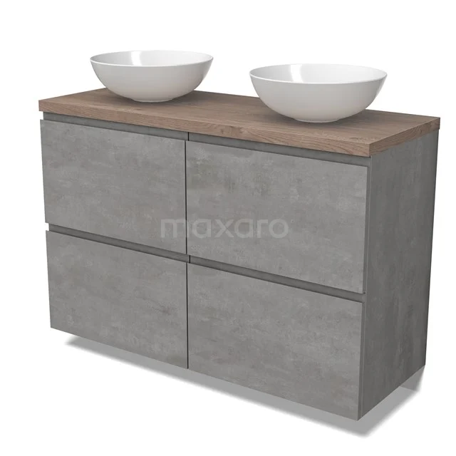Modulo Plato Vanity units for countertop basin | 120 cm Light grey concrete Handle-less front Mid brown oak worktop 4 high drawers BMK14-00782