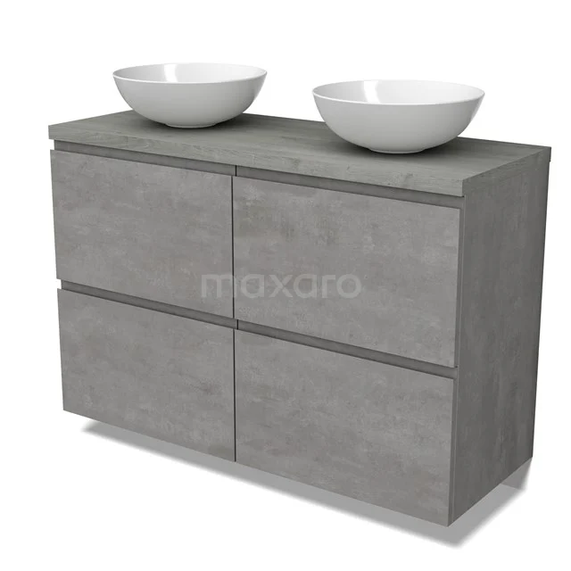 Modulo Plato Vanity units for countertop basin | 120 cm Light grey concrete Handle-less front Grey oak worktop 4 high drawers BMK14-00784