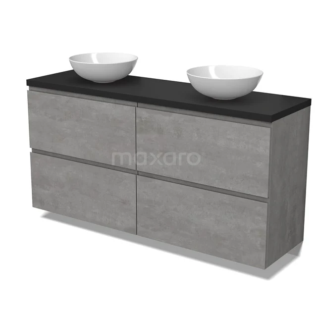 Modulo Plato Badmöbel mit Aufsatzwaschbecken | 160 cm Hellgrauer Beton Grifflos front Matt Schwarz blatt 4 hohe Schubladen BMK14-00787 Modulo Plato Badmöbel mit Aufsatzwaschbecken | 160 cm Hellgrauer Beton Grifflos front Matt Schwarz blatt 4 hohe Schubladen BMK14-00787