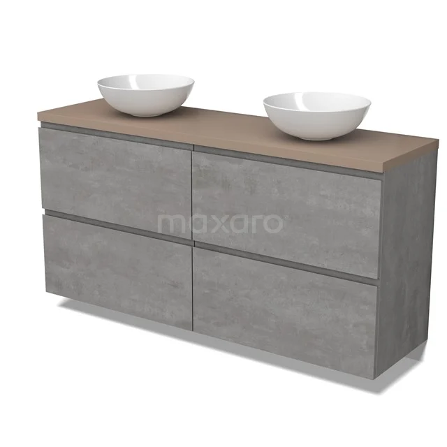 Modulo Plato Badmöbel mit Aufsatzwaschbecken | 160 cm Hellgrauer Beton Grifflos front Taupe blatt 4 hohe Schubladen BMK14-00788