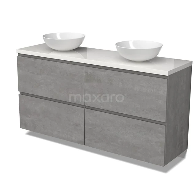 Modulo Plato Badmöbel mit Aufsatzwaschbecken | 160 cm Hellgrauer Beton Grifflos front Hochglanz Weiß blatt 4 hohe Schubladen BMK14-00790