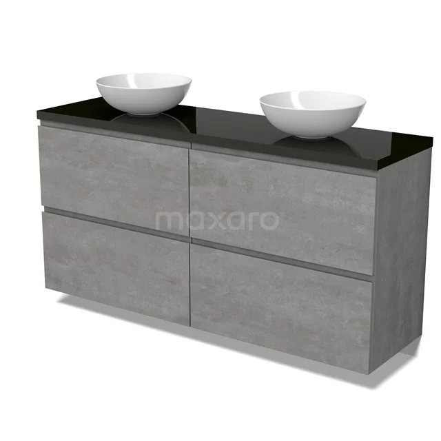 Modulo Plato Badkamermeubel voor waskom | 160 cm Lichtgrijs beton Greeploos front Hoogglans zwart blad 4 hoge lades BMK14-00793