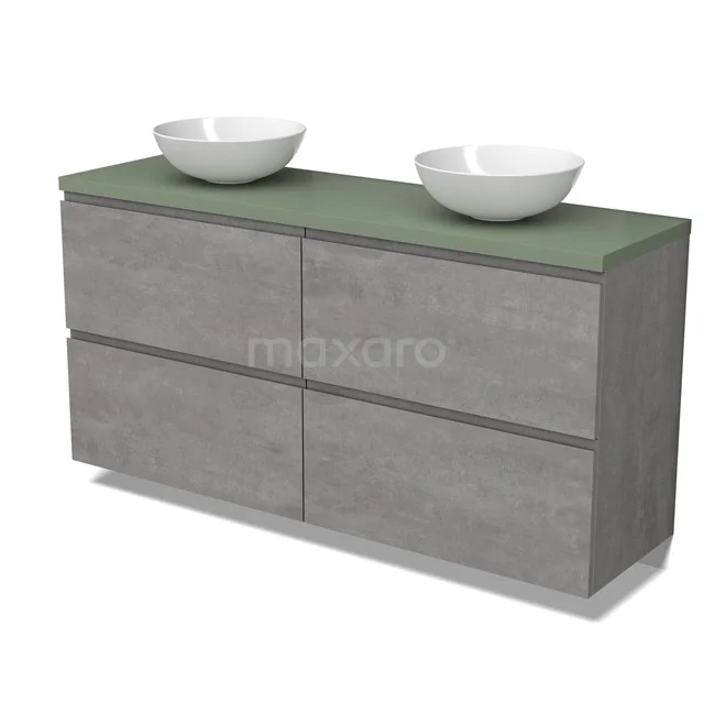 Modulo Plato Badmöbel mit Aufsatzwaschbecken | 160 cm Hellgrauer Beton Grifflos front Salbeigrün blatt 4 hohe Schubladen BMK14-00794