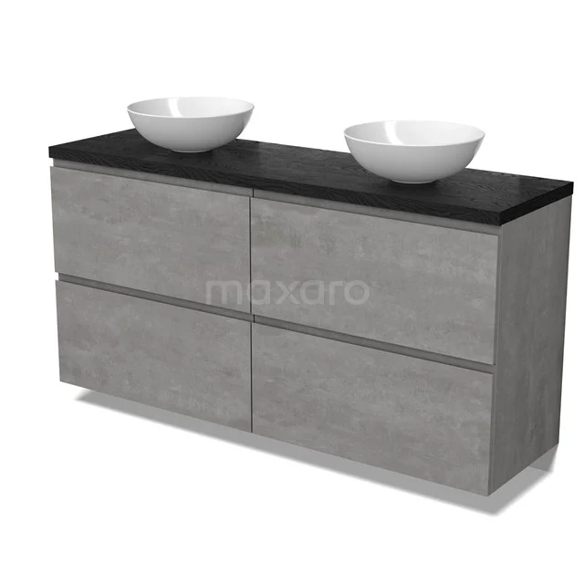 Modulo Plato Badkamermeubel voor waskom | 160 cm Lichtgrijs beton Greeploos front Zwart eiken blad 4 hoge lades BMK14-00795