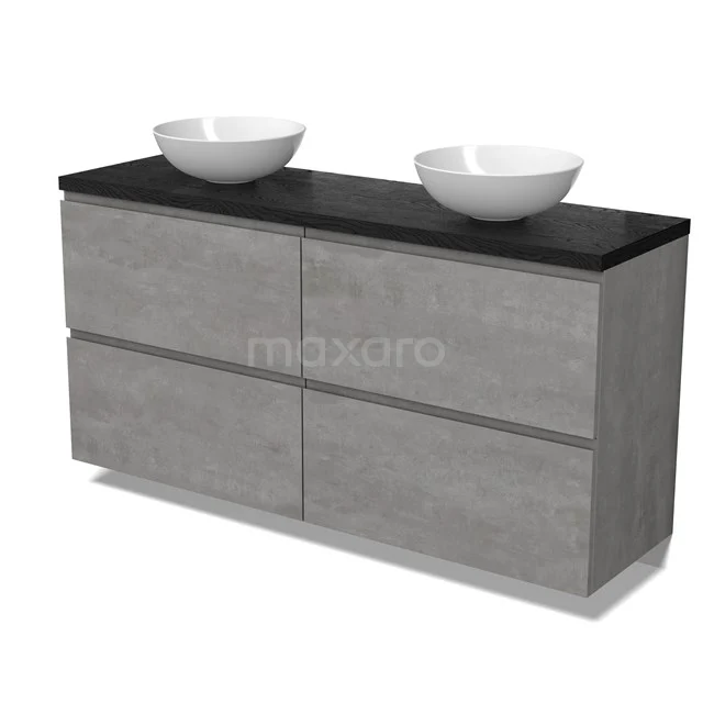 Modulo Plato Vanity units for countertop basin | 160 cm Light grey concrete Handle-less front Black oak worktop 4 high drawers BMK14-00795