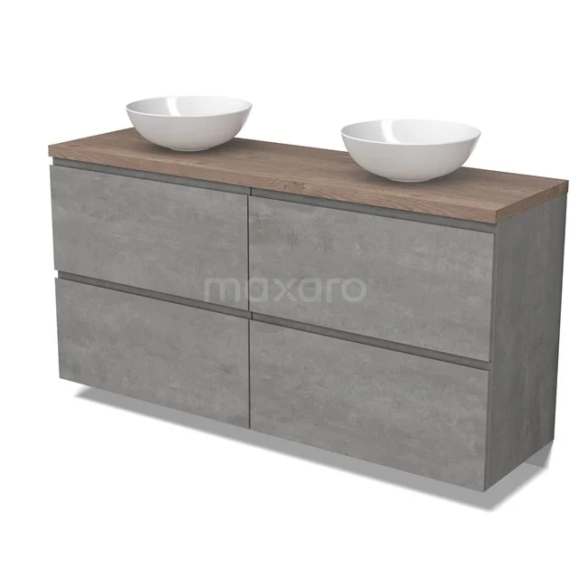 Modulo Plato Vanity units for countertop basin | 160 cm Light grey concrete Handle-less front Mid brown oak worktop 4 high drawers BMK14-00799