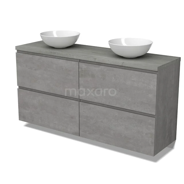 Modulo Plato Vanity units for countertop basin | 160 cm Light grey concrete Handle-less front Grey oak worktop 4 high drawers BMK14-00801