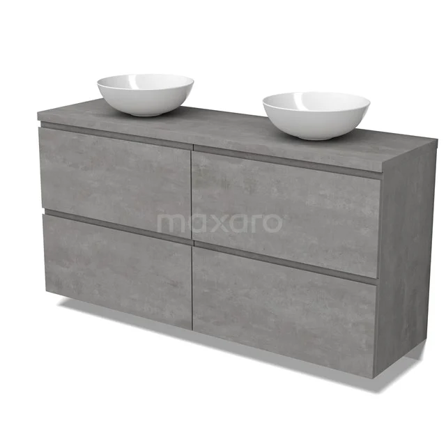 Modulo Plato Badmöbel mit Aufsatzwaschbecken | 160 cm Hellgrauer Beton Grifflos front Hellgrauer Beton blatt 4 hohe Schubladen BMK14-00802