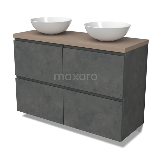 Modulo Plato Badmöbel mit Aufsatzwaschbecken | 120 cm Dunkelgrauer Beton Grifflos front Taupe blatt 4 hohe Schubladen BMK14-00805