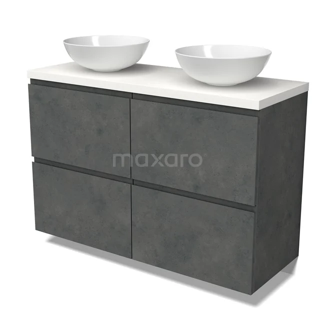 Modulo Plato Vanity units for countertop basin | 120 cm Dark grey concrete Handle-less front Matte white worktop 4 high drawers BMK14-00808
