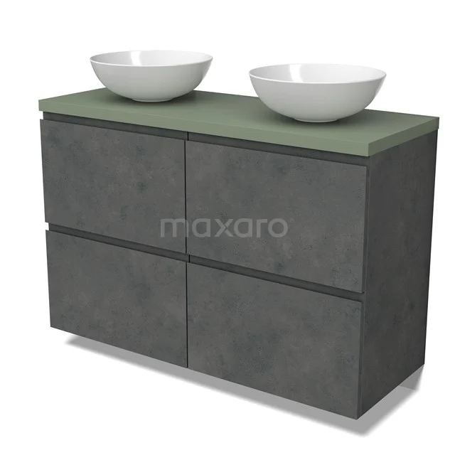 Modulo Plato Badmöbel mit Aufsatzwaschbecken | 120 cm Dunkelgrauer Beton Grifflos front Salbeigrün blatt 4 hohe Schubladen BMK14-00811