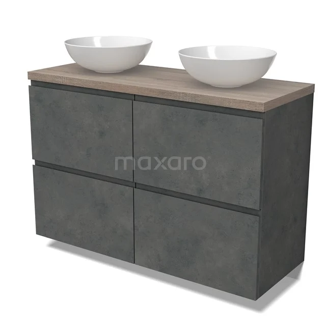 Modulo Plato Vanity units for countertop basin | 120 cm Dark grey concrete Handle-less front Oak worktop 4 high drawers BMK14-00813