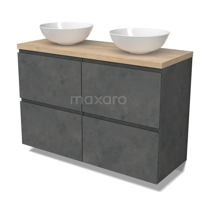 Modulo Plato Vanity units for countertop basin | 120 cm Dark grey concrete Handle-less front Light brown oak worktop 4 high drawers BMK14-00815