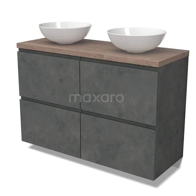 Modulo Plato Vanity units for countertop basin | 120 cm Dark grey concrete Handle-less front Mid brown oak worktop 4 high drawers BMK14-00816