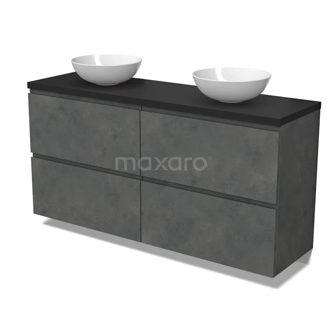 Modulo Plato Badmöbel mit Aufsatzwaschbecken | 160 cm Dunkelgrauer Beton Grifflos front Matt Schwarz blatt 4 hohe Schubladen BMK14-00821