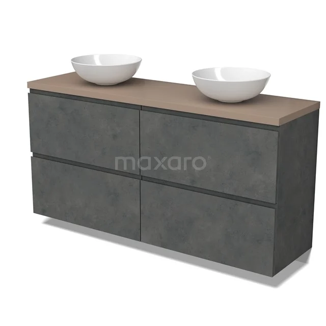 Modulo Plato Badmöbel mit Aufsatzwaschbecken | 160 cm Dunkelgrauer Beton Grifflos front Taupe blatt 4 hohe Schubladen BMK14-00822