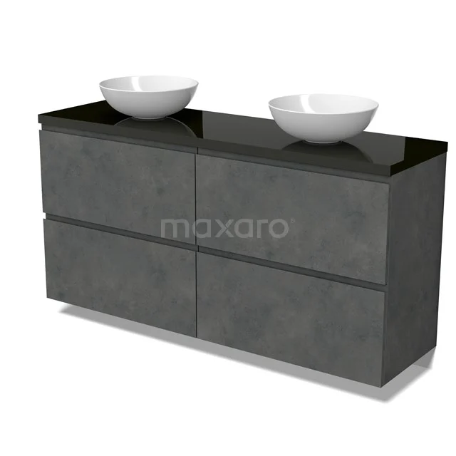 Modulo Plato Badkamermeubel voor waskom | 160 cm Donkergrijs beton Greeploos front Hoogglans zwart blad 4 hoge lades BMK14-00827