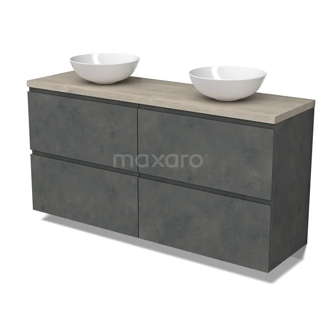 Modulo Plato Badmöbel mit Aufsatzwaschbecken | 160 cm Dunkelgrauer Beton Grifflos front Hellgraue Eiche blatt 4 hohe Schubladen BMK14-00831