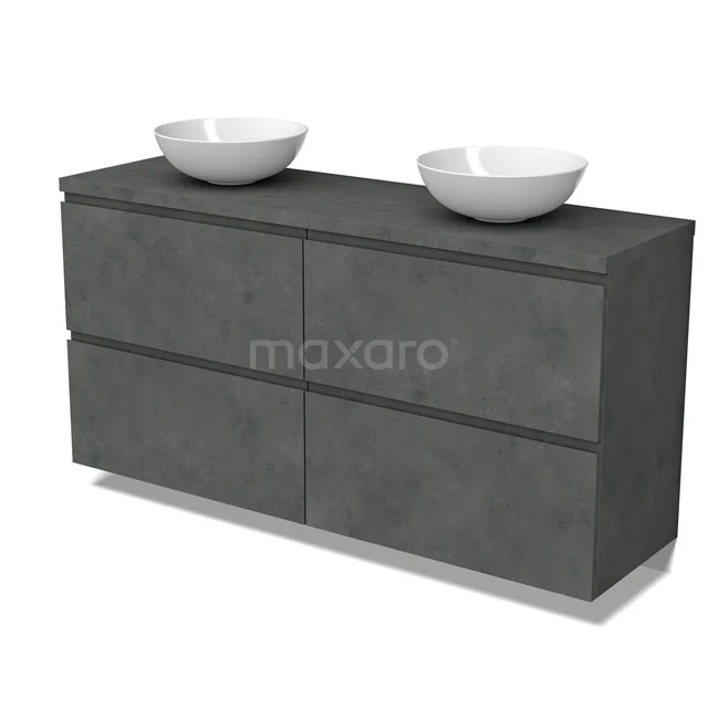 Modulo Plato Badmöbel mit Aufsatzwaschbecken | 160 cm Dunkelgrauer Beton Grifflos front Dunkelgrauer Beton blatt 4 hohe Schubladen BMK14-00837