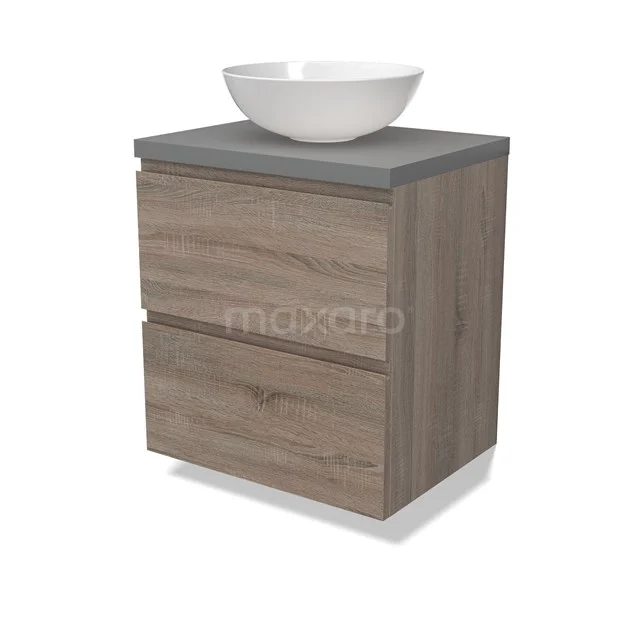 Modulo Plato Badmöbel mit Aufsatzwaschbecken | 60 cm Eiche Grifflos front Mittelgrau blatt 2 übereinanderliegende Schubladen BMK17-02767