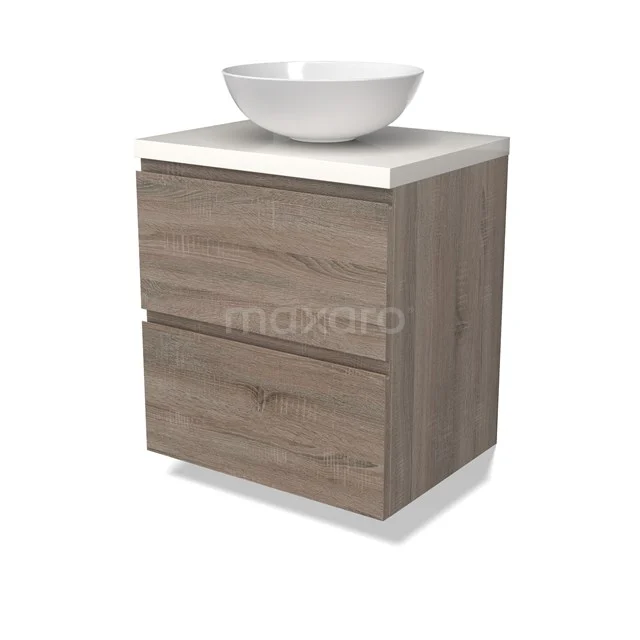 Modulo Plato Badmöbel mit Aufsatzwaschbecken | 60 cm Eiche Grifflos front Hochglanz Weiß blatt 2 übereinanderliegende Schubladen BMK17-02768