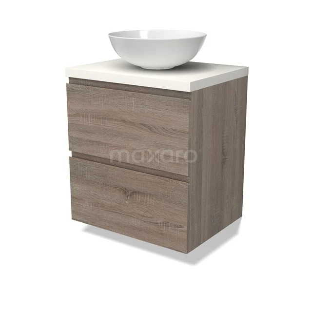 Modulo Plato Badmöbel mit Aufsatzwaschbecken | 60 cm Eiche Grifflos front Matt Weiß blatt 2 übereinanderliegende Schubladen BMK17-02769