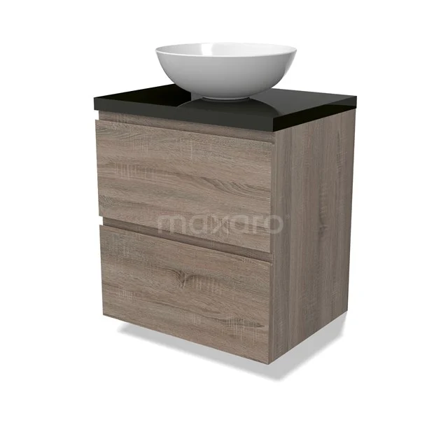 Modulo Plato Badmöbel mit Aufsatzwaschbecken | 60 cm Eiche Grifflos front Hochglanz Schwarz blatt 2 übereinanderliegende Schubladen BMK17-02771