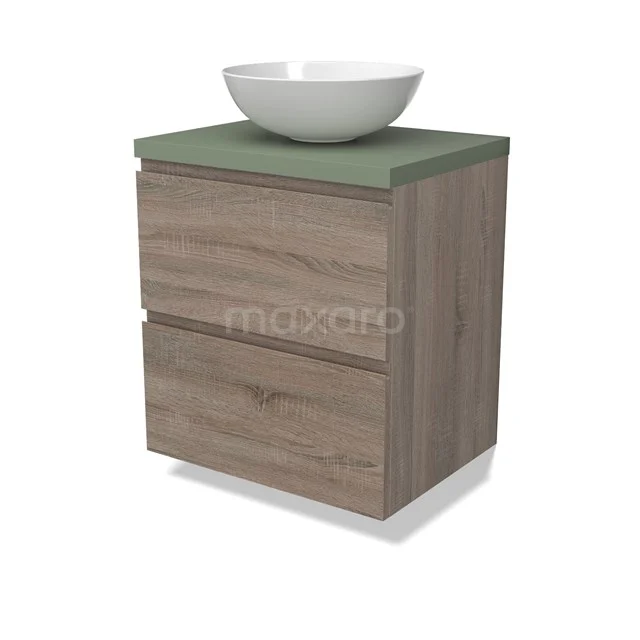 Modulo Plato Vanity units for countertop basin | 60 cm Oak Handle-less front Sage green worktop 2 Stacked drawers BMK17-02772