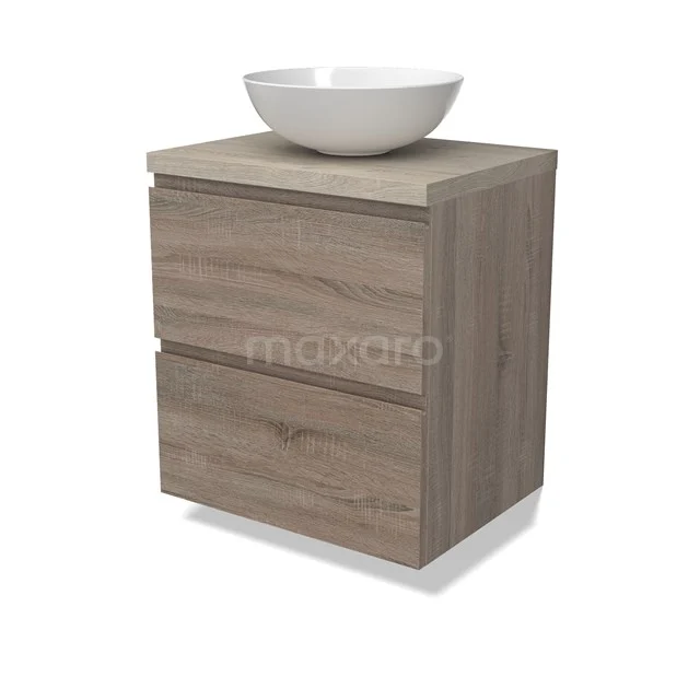 Modulo Plato Badmöbel mit Aufsatzwaschbecken | 60 cm Eiche Grifflos front Hellgraue Eiche blatt 2 übereinanderliegende Schubladen BMK17-02775