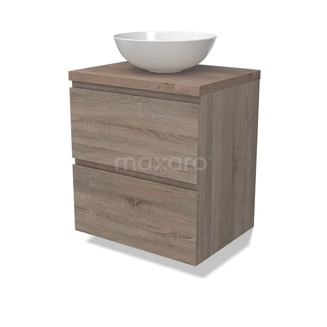 Modulo Plato Badmöbel mit Aufsatzwaschbecken | 60 cm Eiche Grifflos front Mittelbraune Eiche blatt 2 übereinanderliegende Schubladen BMK17-02777