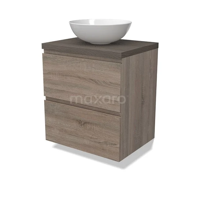 Modulo Plato Badmöbel mit Aufsatzwaschbecken | 60 cm Eiche Grifflos front Dunkelbraune Eiche blatt 2 übereinanderliegende Schubladen BMK17-02778