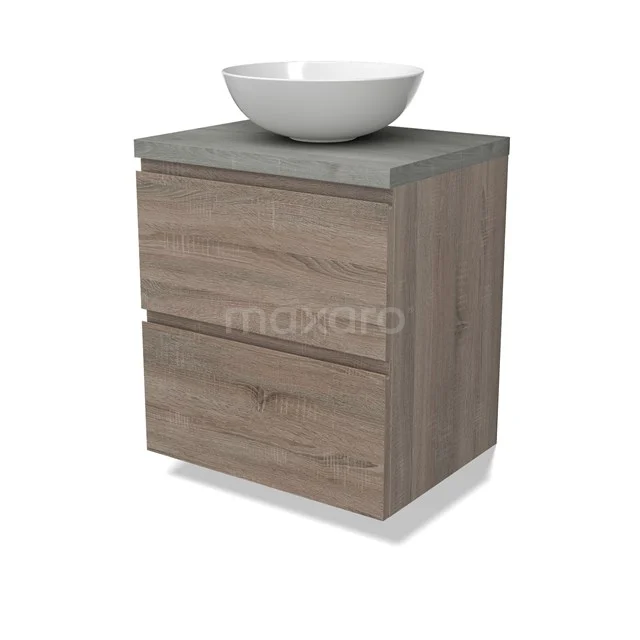 Modulo Plato Badmöbel mit Aufsatzwaschbecken | 60 cm Eiche Grifflos front Graue Eiche blatt 2 übereinanderliegende Schubladen BMK17-02779