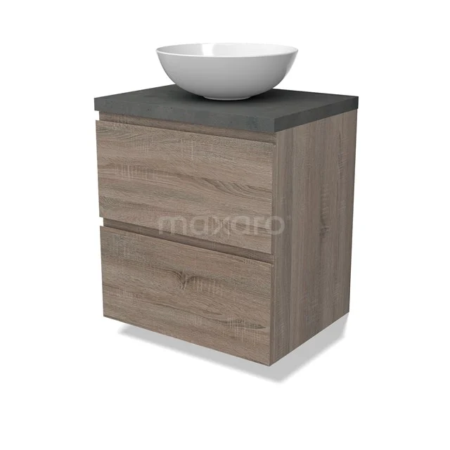 Modulo Plato Badmöbel mit Aufsatzwaschbecken | 60 cm Eiche Grifflos front Dunkelgrauer Beton blatt 2 übereinanderliegende Schubladen BMK17-02781