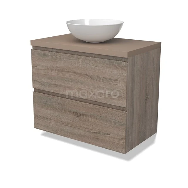 Modulo Plato Badmöbel mit Aufsatzwaschbecken | 80 cm Eiche Grifflos front Taupe blatt 2 übereinanderliegende Schubladen BMK17-02783
