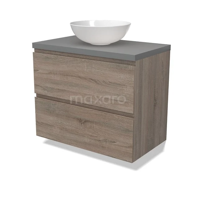 Modulo Plato Vanity units for countertop basin | 80 cm Oak Handle-less front Mid grey worktop 2 Stacked drawers BMK17-02784