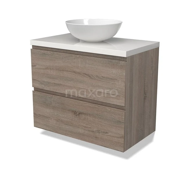 Modulo Plato Badmöbel mit Aufsatzwaschbecken | 80 cm Eiche Grifflos front Hochglanz Weiß blatt 2 übereinanderliegende Schubladen BMK17-02785