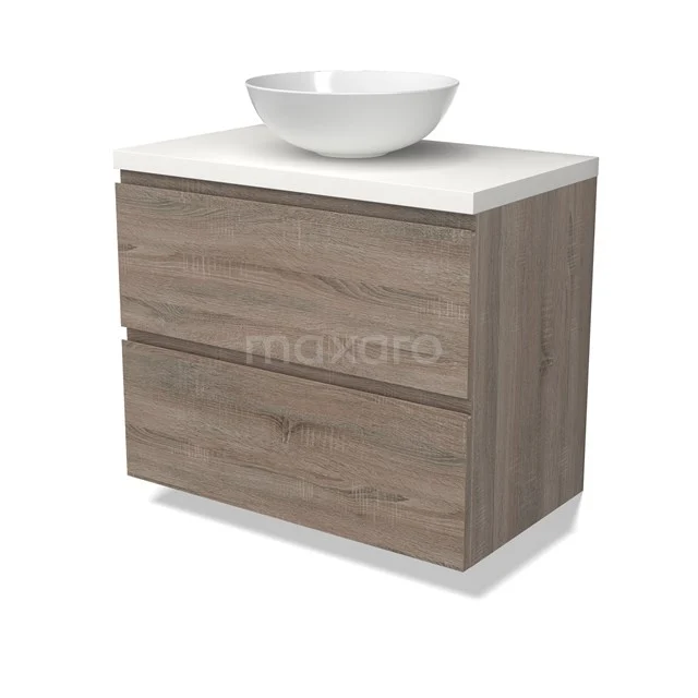 Modulo Plato Vanity units for countertop basin | 80 cm Oak Handle-less front Matte white worktop 2 Stacked drawers BMK17-02786