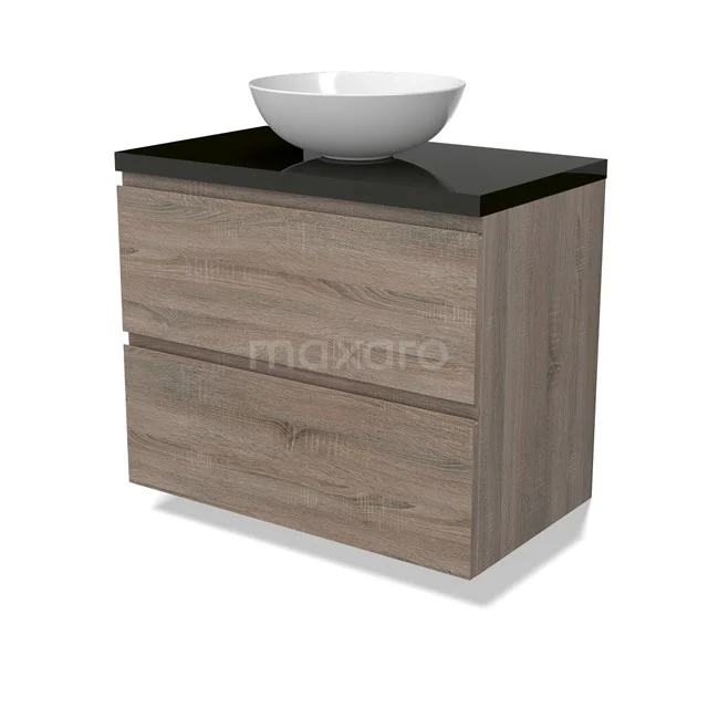 Modulo Plato Vanity units for countertop basin | 80 cm Oak Handle-less front High-gloss black worktop 2 Stacked drawers BMK17-02788