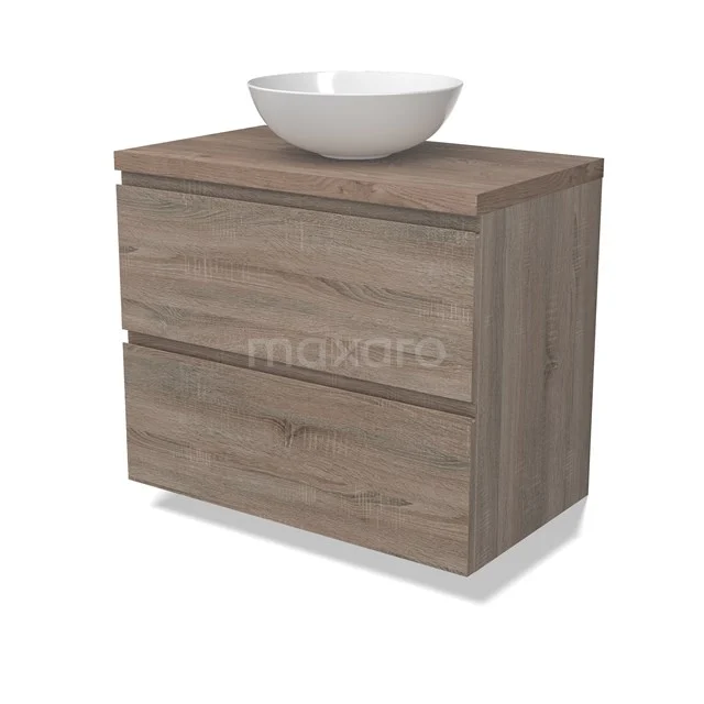 Modulo Plato Vanity units for countertop basin | 80 cm Oak Handle-less front Mid brown oak worktop 2 Stacked drawers BMK17-02794