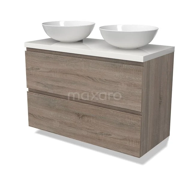 Modulo Plato Badmöbel mit Aufsatzwaschbecken | 100 cm Eiche Grifflos front Hochglanz Weiß blatt 2 übereinanderliegende Schubladen BMK17-02802