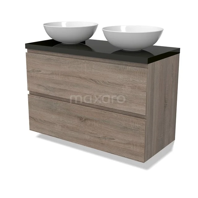 Modulo Plato Badmöbel mit Aufsatzwaschbecken | 100 cm Eiche Grifflos front Hochglanz Schwarz blatt 2 übereinanderliegende Schubladen BMK17-02805