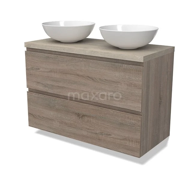Modulo Plato Vanity units for countertop basin | 100 cm Oak Handle-less front Light grey oak worktop 2 Stacked drawers BMK17-02809