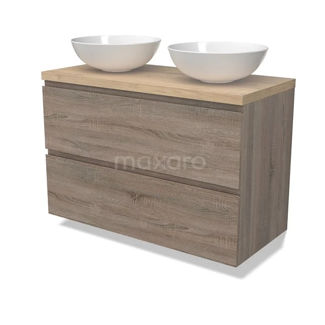 Modulo Plato Vanity units for countertop basin | 100 cm Oak Handle-less front Light brown oak worktop 2 Stacked drawers BMK17-02810