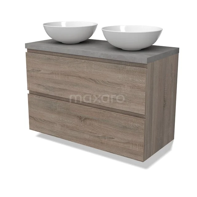 Modulo Plato Vanity units for countertop basin | 100 cm Oak Handle-less front Light grey concrete worktop 2 Stacked drawers BMK17-02814